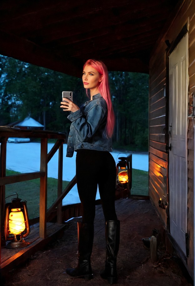 laura is standing on the porch holding a smartphone,dark denim jacket,red flannel shirt,black cotton leggings,worn le…