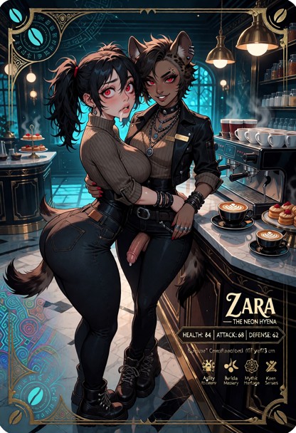 Create a premium collectible trading card illustration featuring Zara, the Neon Hyena, a 30-year-old mythical hyena g…