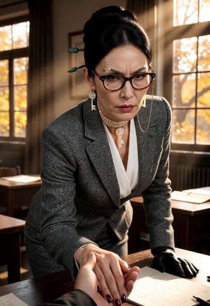 Location: a quiet classroom during the afternoon, with golden autumn sunlight streaming through large windows and ill…