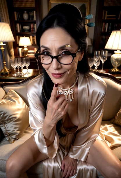 Location: an elegant apartment during the evening, filled with tall bookshelves and art pieces, illuminated by the so…