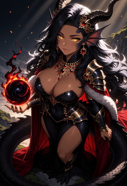 1girl, solo, (Vaelys:1.1), powerful build, ample breasts, warm bronze skin, (subtle dark dragon scales on cheeks and …