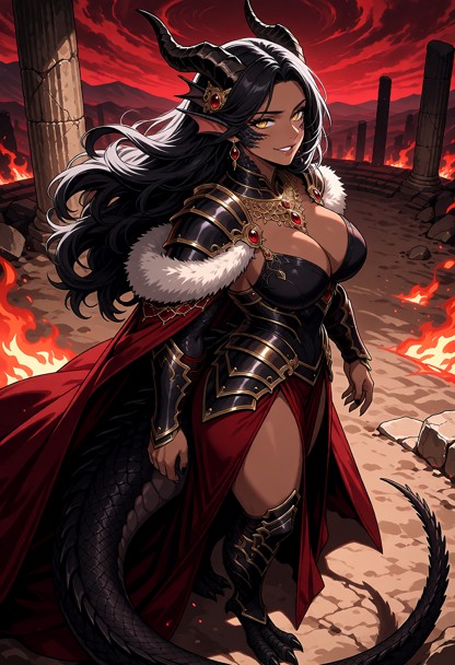 Location: ancient arena ruins under a scarlet sky with swirling dust, broken stone pillars, and flickering crimson fl…