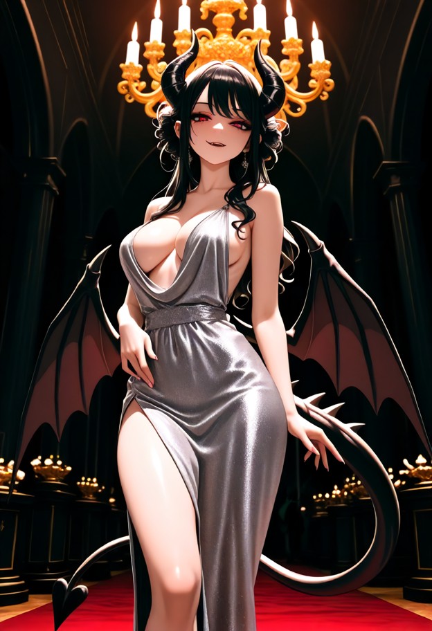1girl in crimson gown,thigh slit,mischiefous smirk,1girl in silver dress,plunging neckline,ample cleavage,ballroom,cr…