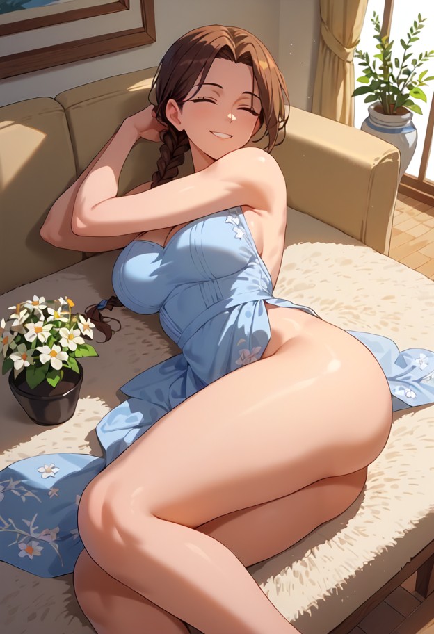 1girl lying on sofa,legs spread,eyes closed,gripping sofa,bare breasts,light blue uniform dress open,wooden coffee ta…