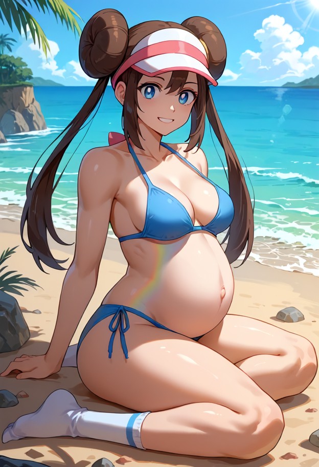 a she is is sitting on the sand leaning against a rock holding her pregnant belly,blue bikini,sandy beach,ocean waves…