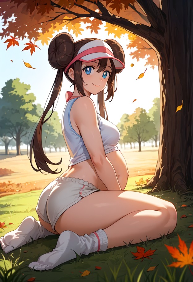 she is is sitting leaning against a tree and rubbing her pregnant belly,white sleeveless shirt,grey cotton training s…