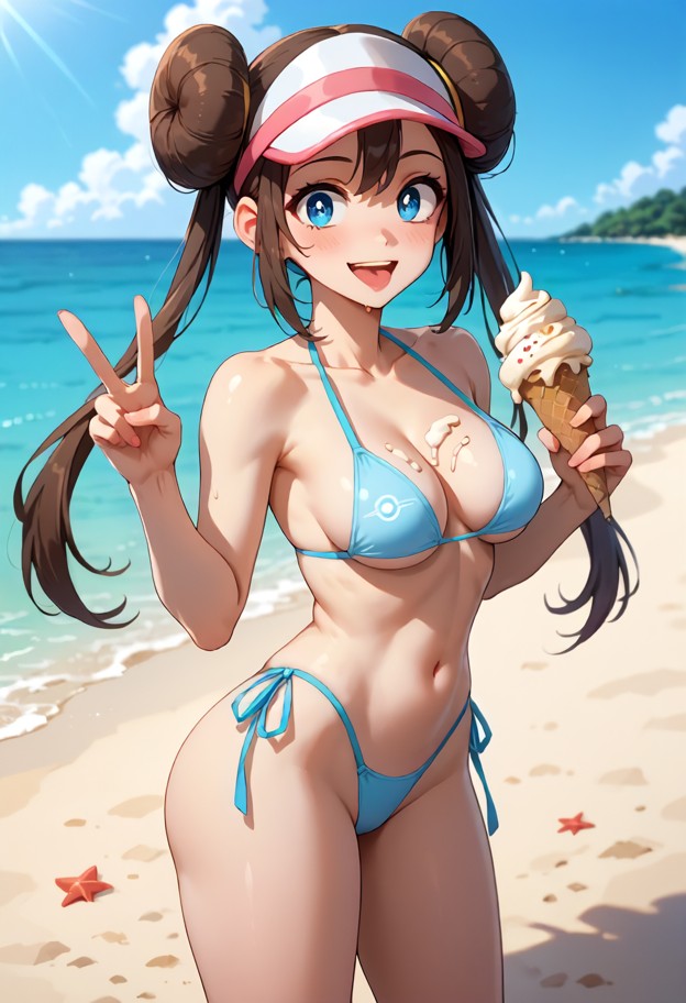 `1girl standing on beach,solo,light blue skimpy bikini,teasing,holding ice cream cone,vanilla ice cream dripping onto…