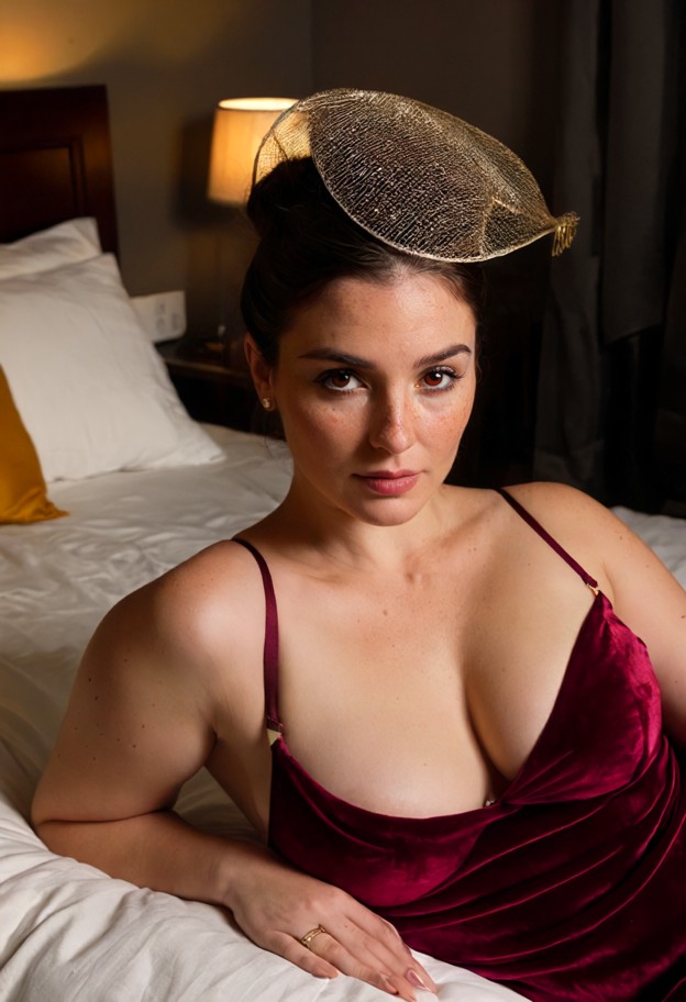 miriam montclair is lying on the bed,solo,silk nightgown,silver stud earrings,dim bedroom,dark wood headboard,burgund…