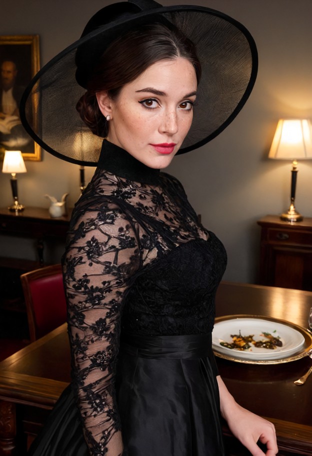miriam montclair is gripping the edge of the mahogany table,long black mourning dress,heavy silk,black lace veil,dim …