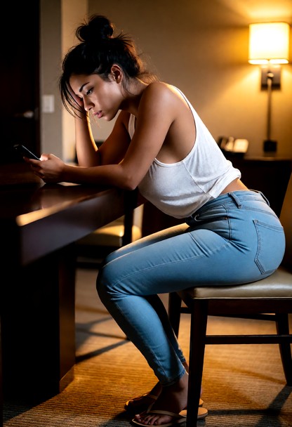 Location: late evening in a dimly lit hotel room with a dark wooden table, soft amber light from a wall sconce, and w…