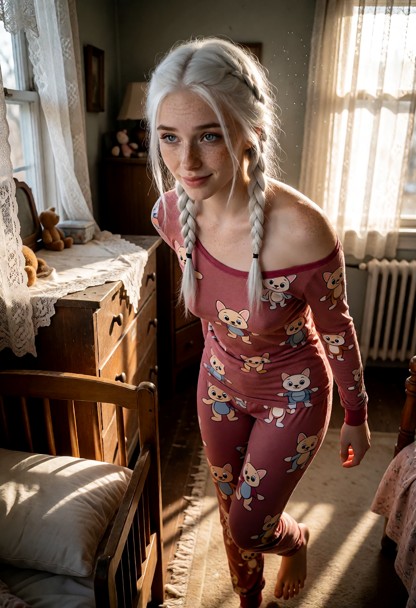 Location: cozy childhood bedroom in the late afternoon, with soft sunlight filtering through lace curtains and illumi…
