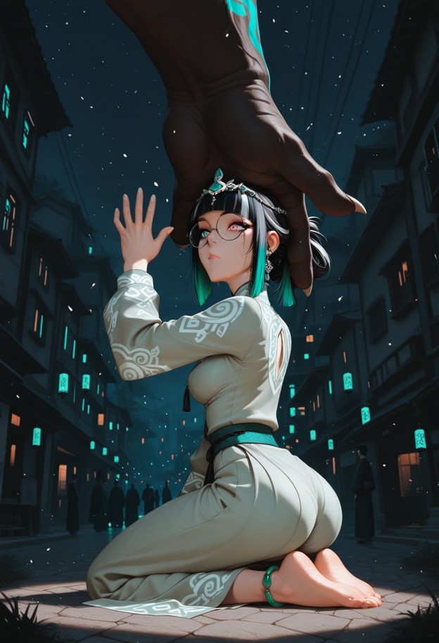 a colossal giant woman kneeling down in the middle of a city square. she is holding her giant hand open on the ground…