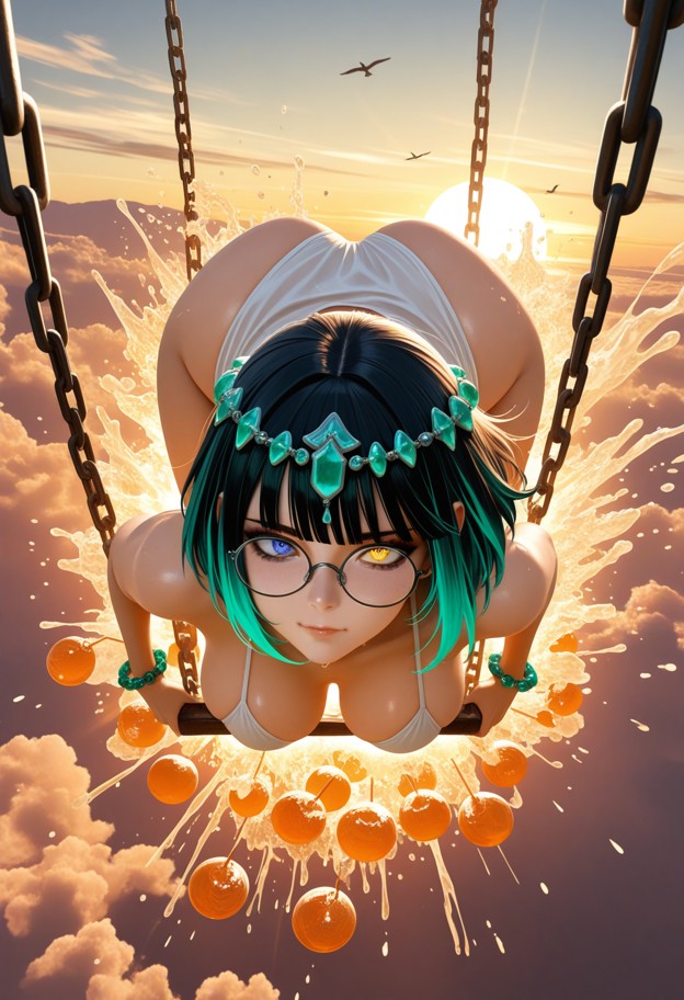 a breathtaking,ultra-dynamic worm's-eye view from the ground,looking vertically up at a woman soaring high on a swing…