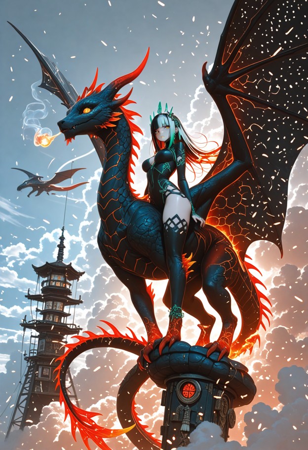 a cinematic film still of a dark female dragon rider flying on a massive dragon,captured mid-air,clearly airborne,no …