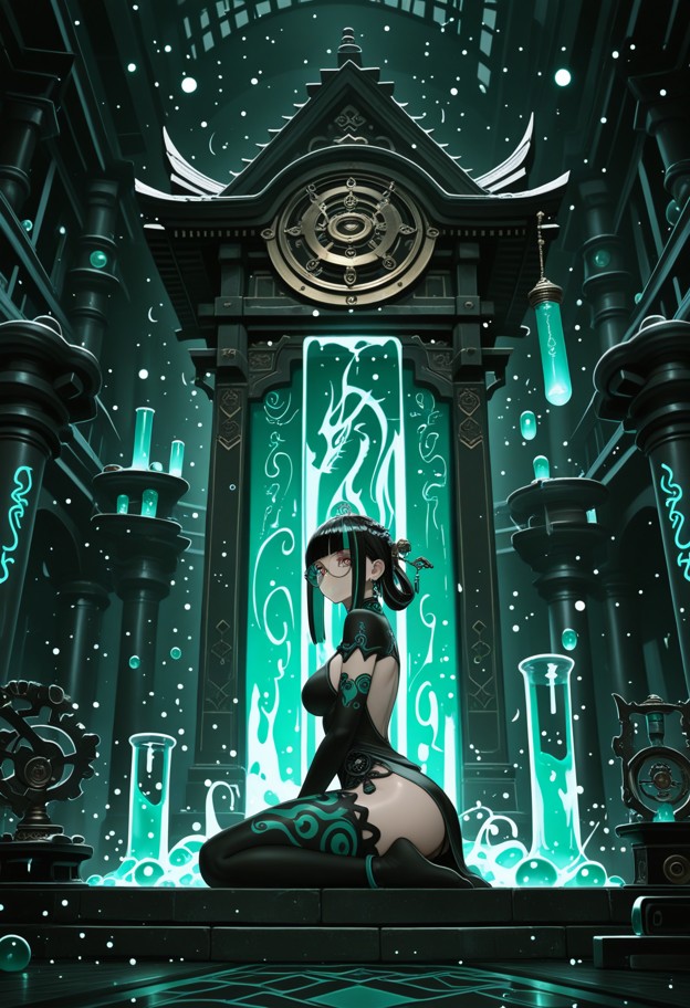 wide shot,tingyu sitting by a glowing jade waterfall in a hidden asian valley. beside her is a tiny,clumsy asian drag…