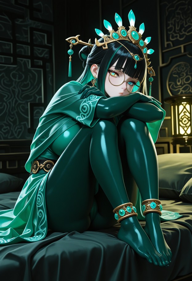 intimate indoor scene,tingyu’s private chambers in the dragon guild. the room is a mix of traditional chinese silk de…