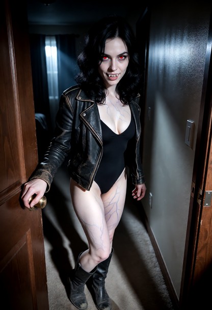 Location: dimly lit hallway at night with long shadows stretching across the floor and a faint, cool moonlight filter…