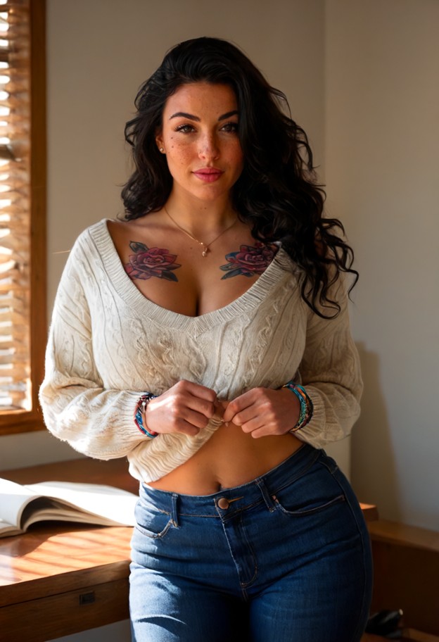 sasha is pulling her sweater down,solo,cream knit sweater,dark denim jeans,modern home office,wooden desk,sunlight,me…