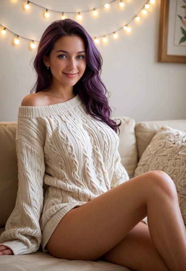 nova sinclair is sitting on the couch and smiling,oversized knit sweater,cozy blanket,cozy pastel-themed apartment,fa…