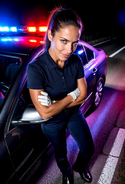 Location: night on a dark roadside, illuminated by the rhythmic pulsing of red and blue police lights that cast vibra…