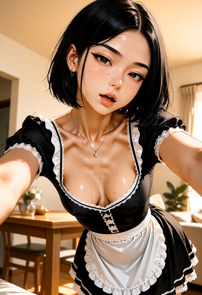 Pose: She is taking a low-angle selfie, leaning slightly forward toward the camera with both arms extended outward. H…
