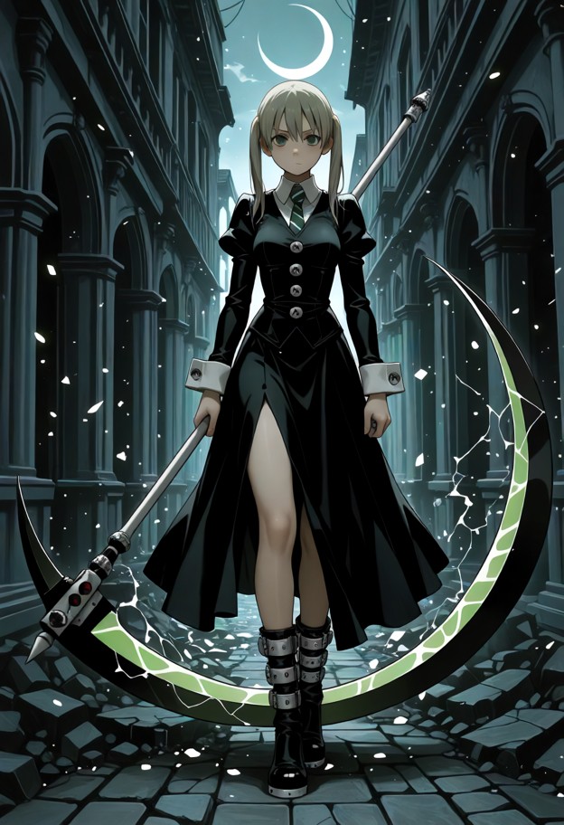 a breathtaking,full-body portrait of maka albarn standing victoriously 
atop a pile of shattered cobblestones in a da…