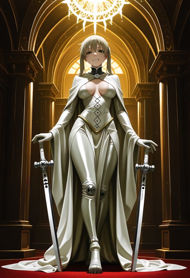 ((full body shot,front view:1.4)). a beautiful woman goddess standing in a golden heavenly palace. she wears flowing …