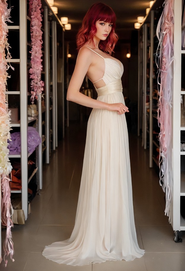 she is standing in aisle looking down,cream chiffon floor-length dress,thin sash,high slit,bridal boutique,white wedd…