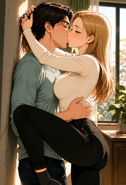 1girl, 1guy, she pins a guy with his back against the wall and kisses him deeply, her knee raised to his waist and he…