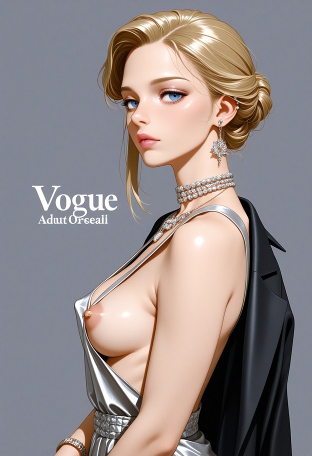 a vintage 1950s vogue magazine cover,portrait of a sophisticated woman with elegant blonde hair styled in a classic m…