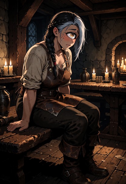 Location: inside a rustic, dimly lit tavern with heavy wooden beams, uneven stone walls, and flickering candlelight t…