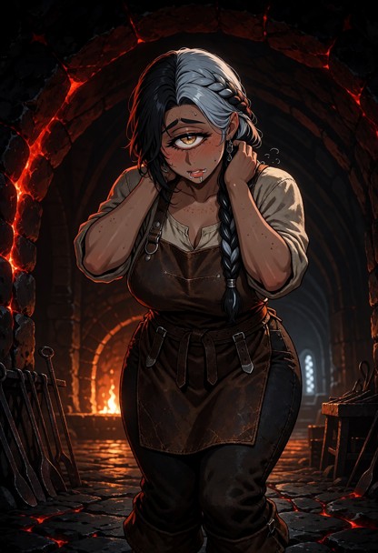 Location: inside a vast, ancient dwarven forge chamber where the vaulted stone ceiling looms high above, illuminated …