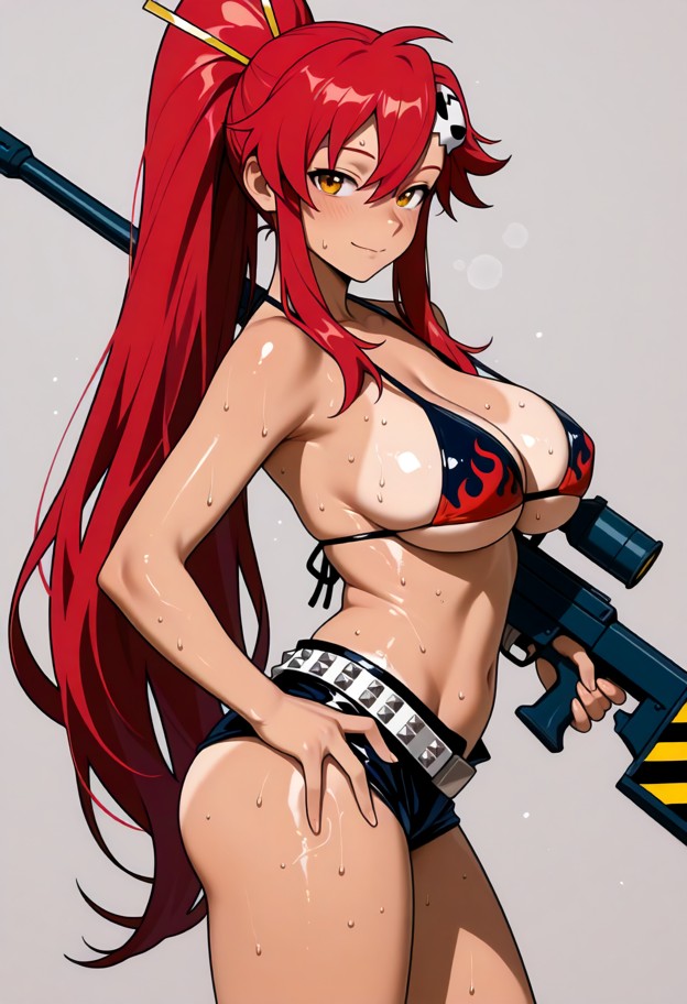 anime nsfw,yoko littner gurren lagann,small slim petite athletic adult female,long red ponytail amber eyes lightly ta…