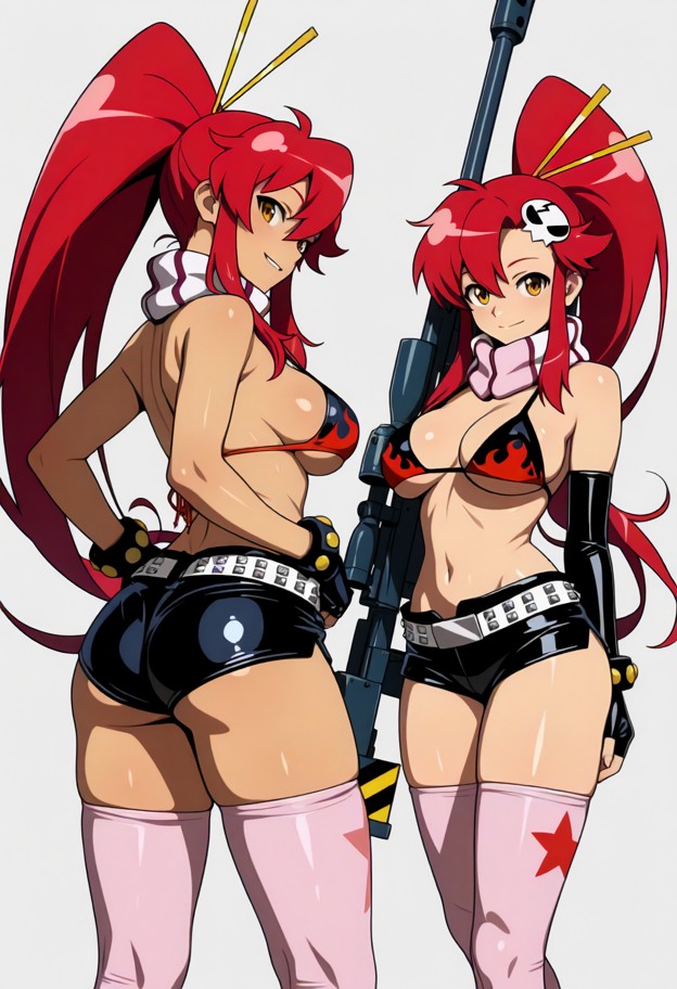 anime style,yoko littner gurren lagann,small slim petite athletic adult female,thigh-length red ponytail amber eyes l…