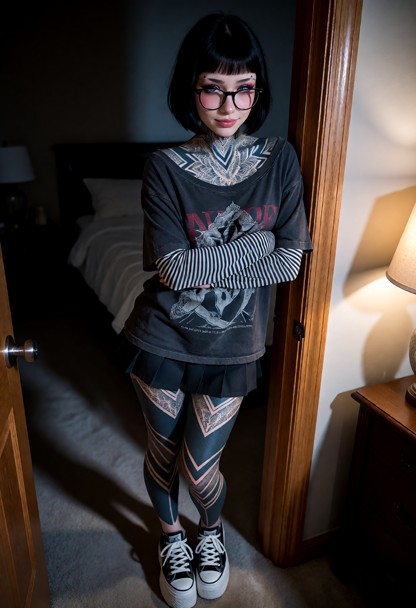 Location: dimly lit bedroom at night, with soft shadows stretching across the floor and warm, faint light from a beds…