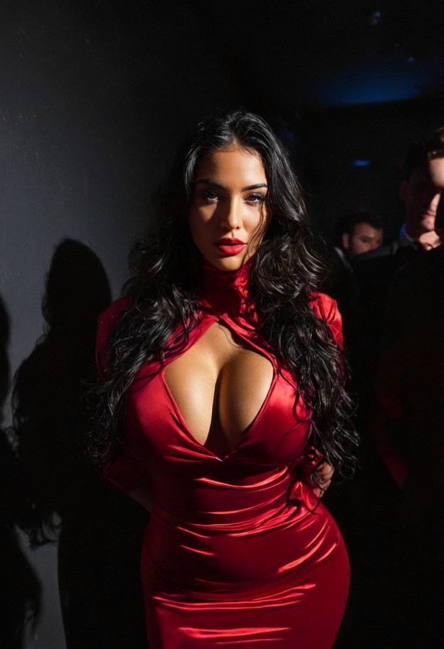 grabbing penis,1guy,penis,pov,she is,looking at viewer,tight red silk dress,high heels,dark corner of a nightclub,dim…