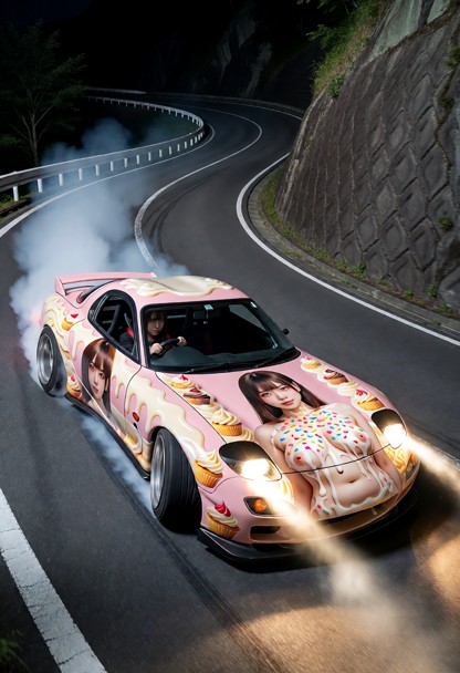 A hyper-realistic vertical portrait photograph capturing a custom-tuned 1990s Mazda RX-7 FD3S drifting at high speed …