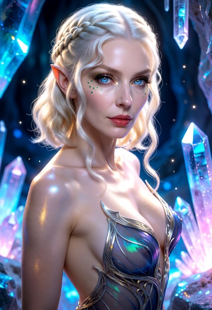 Full-body raw photo, high fantasy style, a 26yo tall elven woman with sophisticated mature features standing in a glo…
