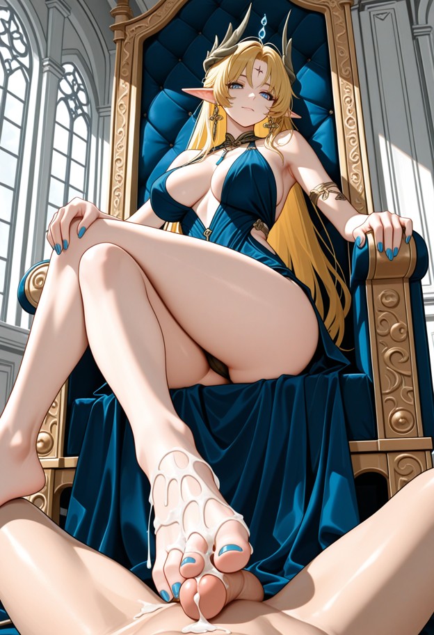 1giant girl,blond hair,midnight blue dress,smirking,legs crossed,hand on knee,hair on face,sunny day,bright interior,…