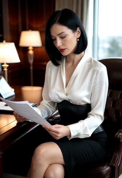 Location: a sophisticated executive office during the afternoon, with polished mahogany furniture, large glass window…