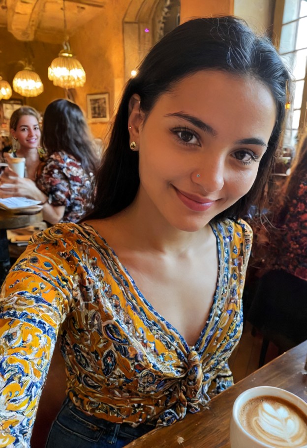 aïcha is sitting at a café table holding a coffee cup,colorful patterned silk blouse,dark denim jeans,small gold stud…