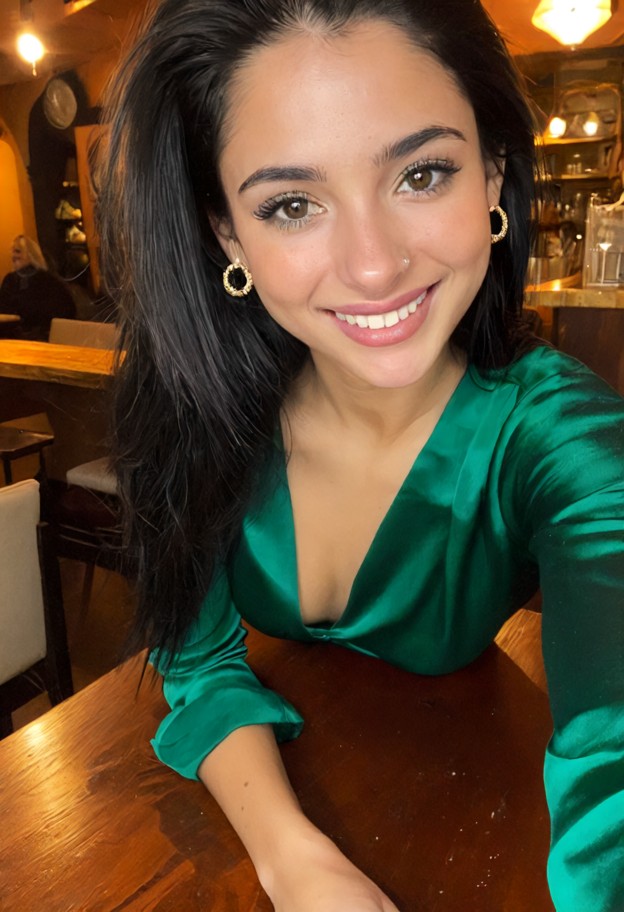aïcha is leaning forward on a table,silk emerald green blouse,gold earrings,cozy cafe,warm amber lighting,medium shot…