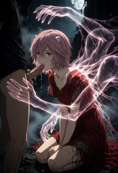 *Anime-style dark fantasy scene featuring Lucy from Elfen Lied, kneeling naked in front of a standing man in a dramat…