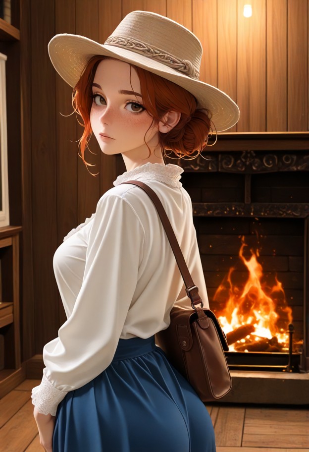 she is touching viewer's jawline,white cotton blouse,long blue fabric skirt,cozy living room,wooden walls,fireplace,c…