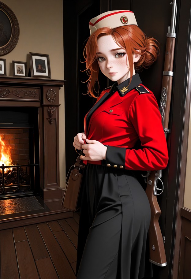 a she is is walking towards the viewer while unbuttoning her dress,red military jacket,black skirt,cozy living room,w…
