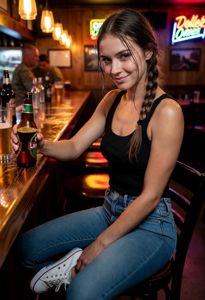 Location: a lively military base bar at night, filled with the warm, amber glow of hanging pendant lights and the sof…