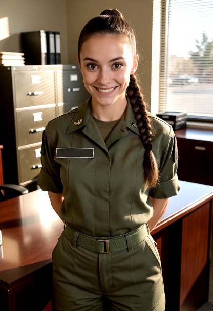 Location: a brightly lit military office during the morning, with sunlight streaming through the window and reflectin…
