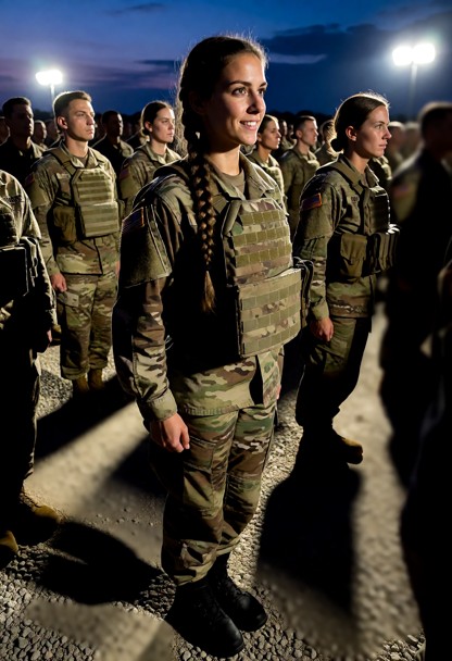 Location: a dimly lit military assembly area during the pre-dawn darkness, with faint blue light from the horizon mix…