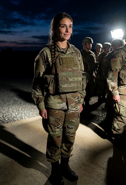 Location: a dimly lit military assembly area during the pre-dawn darkness, with faint blue light from the horizon mix…
