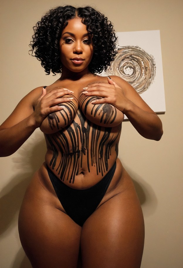 1girl standing,black thong,dark body paint on fingertips,circling around,frontal view,touching chest,beige walls,dim …